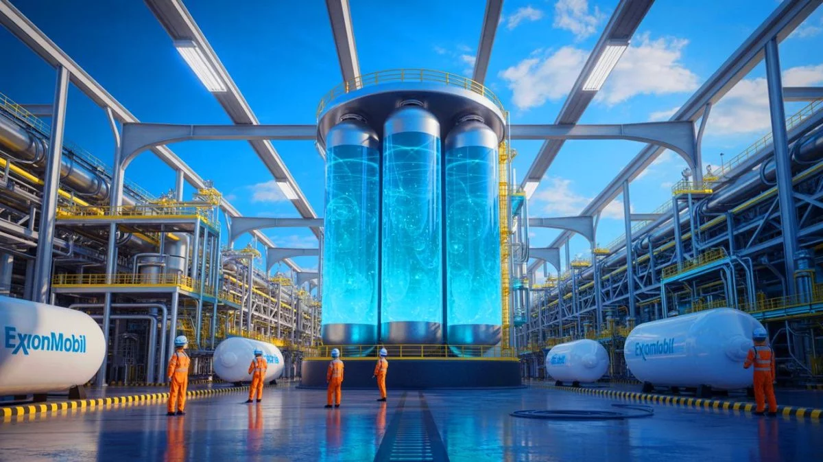 Illustration von der Partnerschaft zwischen Adnoc und ExxonMobil zur Förderung emissionsarmer Wasserstofftechnologie.