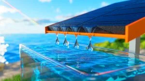 Illustration von der Umwandlung von Meerwasser in Trinkwasser durch ein innovatives Aerogel mit Sonnenlicht.