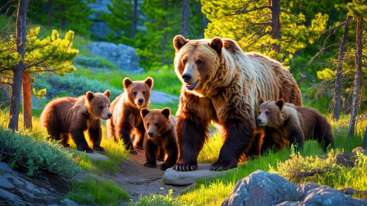 Illustration von einer Grizzlybärin mit fünf Jungen im Yellowstone-Nationalpark.