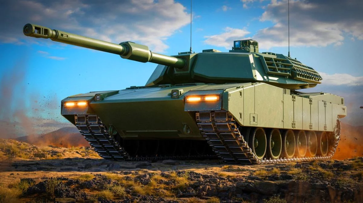 Illustration von einem AbramsX-Panzer als Symbol moderner gepanzerter Kriegsführungstechnologie.
