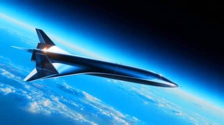 Illustration von einem raketenbetriebenen Raumflugzeug im Very Low Earth Orbit.