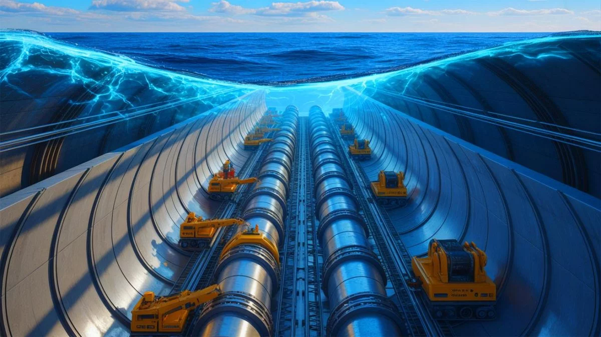 Illustration von einem visionären Projekt eines transatlantischen Tunnels zwischen Europa und Amerika.