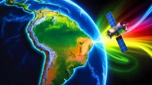 Illustration von der Süd-Atlantischen Anomalie und ihrer Auswirkung auf Satelliten.