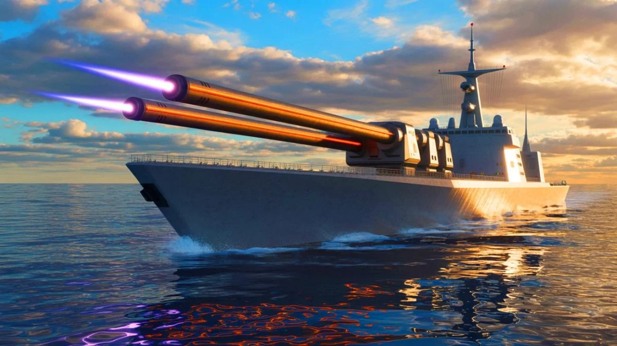 Illustration von der geplanten Verdopplung der Schlagkraft chinesischer elektromagnetischer Waffen durch gestapelte Railguns.