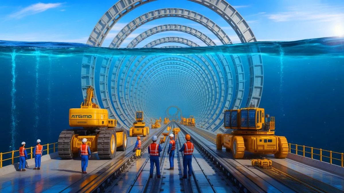 Illustration von einem transatlantischen Tunnelprojekt zur Verbindung von Europa und Amerika.