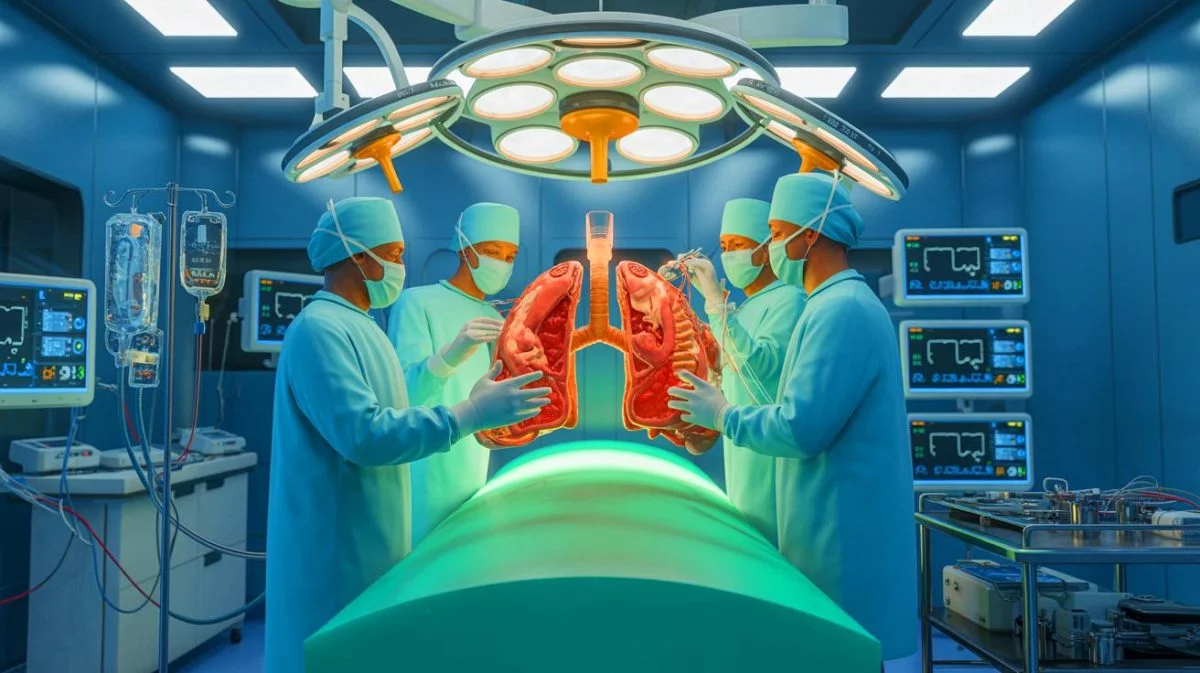 Illustration von der ersten erfolgreichen Transplantation einer genetisch modifizierten Schweinelunge auf einen hirntoten Menschen.