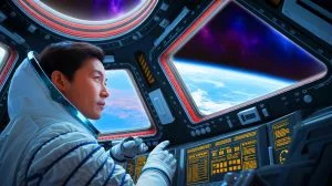 Illustration von chinesischen Astronauten, die rätselhafte Geräusche im Weltraum untersuchen.