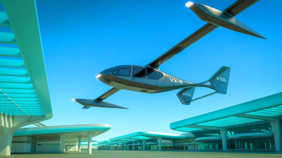 Illustration von einem historischen eVTOL-Flug des VX-4 zwischen zwei Flughäfen.