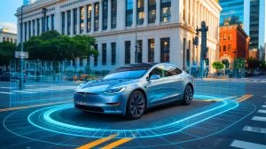 Illustration von den rechtlichen Herausforderungen und Versprechen rund um Teslas autonome Fahrzeuge.