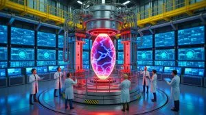 Illustration von der internationalen Zusammenarbeit zur Entwicklung des ITER-Fusionsreaktors in Frankreich.