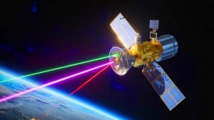 Illustration von der laserbasierten Datenübertragungstechnologie mit einem 2-Watt-Laser aus dem Weltraum.