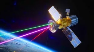 Illustration von der laserbasierten Datenübertragungstechnologie mit einem 2-Watt-Laser aus dem Weltraum.