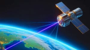 Illustration von der innovativen Laserkommunikationstechnologie zur Datenübertragung aus dem Weltraum.