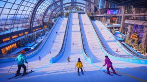 „Größtes Skigebiet Asiens in 12 Monaten fertig!“ Shenzhen baut gigantische Indoor-Skiwelt und sorgt für Staunen Illustration von der Eröffnung des Huafa Ice and Snow World in Shenzhen.