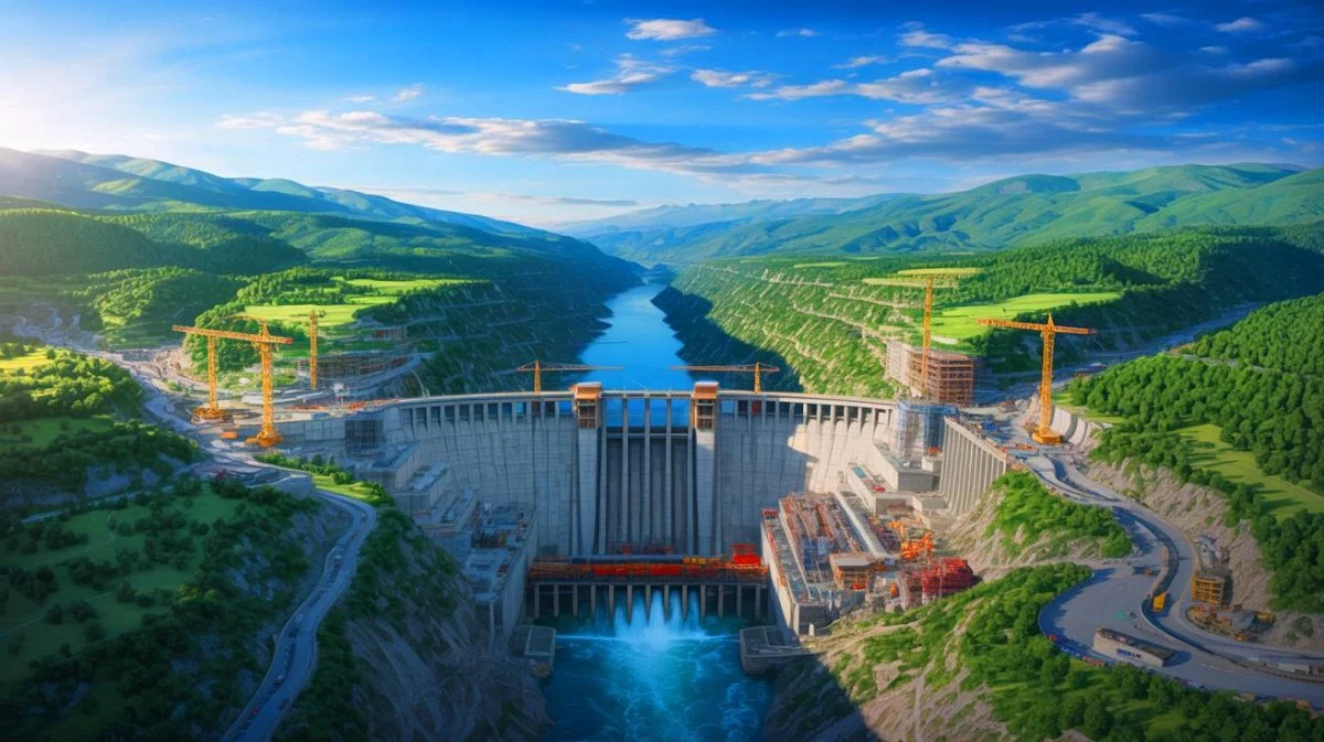 Illustration von Chinas Bau des weltweit größten Wasserkraftwerks im tibetischen Gebiet.