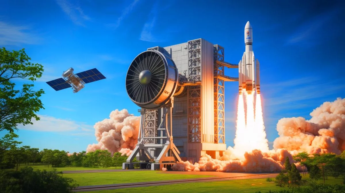 Illustration von einem innovativen Zentrifugalsystem für kostengünstige und umweltfreundliche Satellitenstarts.