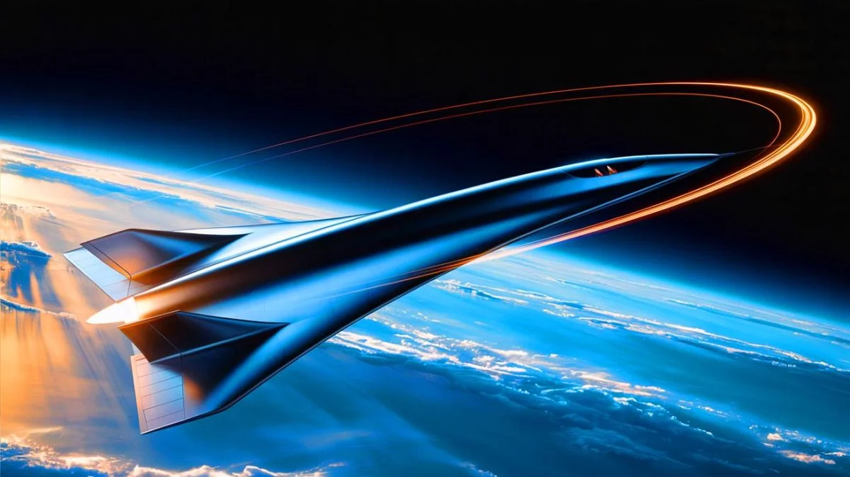 Illustration von einem Raumflugzeug des Invictus-Programms, das mit Hyperschallgeschwindigkeit fliegt.