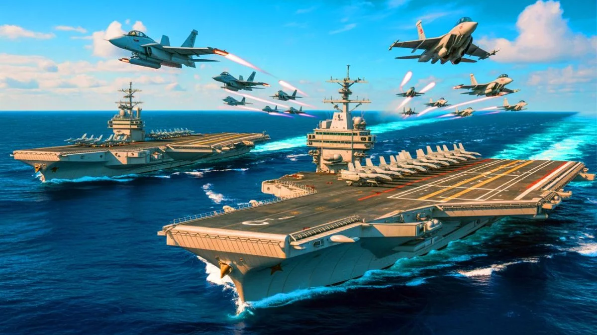 Illustration von Chinas wachsendem Einfluss durch den Ausbau seiner Flugzeugträgerflotte.