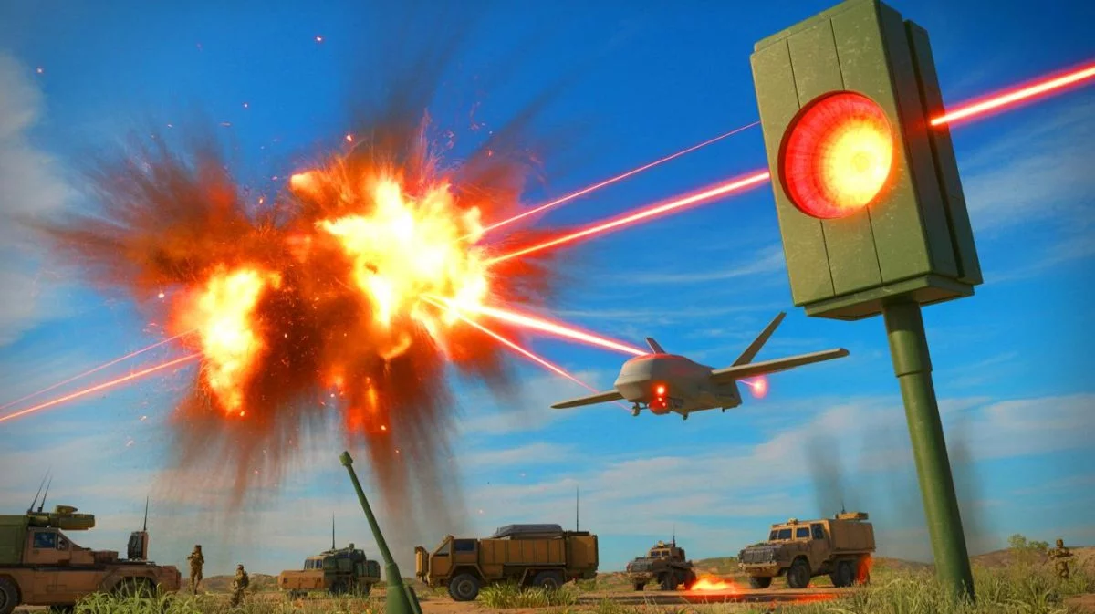 Illustration von der ersten historischen Nutzung von Hochenergie-Laserwaffen zur Zerstörung von Drohnenzielen im Kampf.