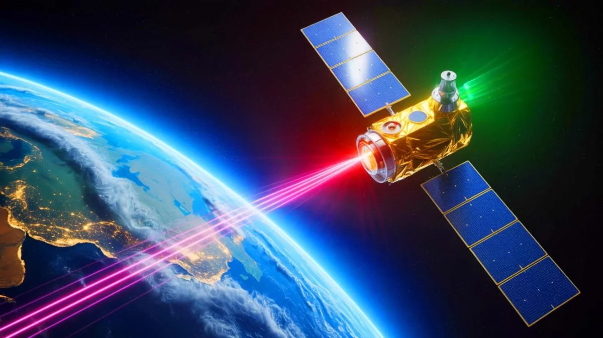 Illustration von einem 2-Watt-Laser, der Daten über 36.000 Kilometer überträgt.