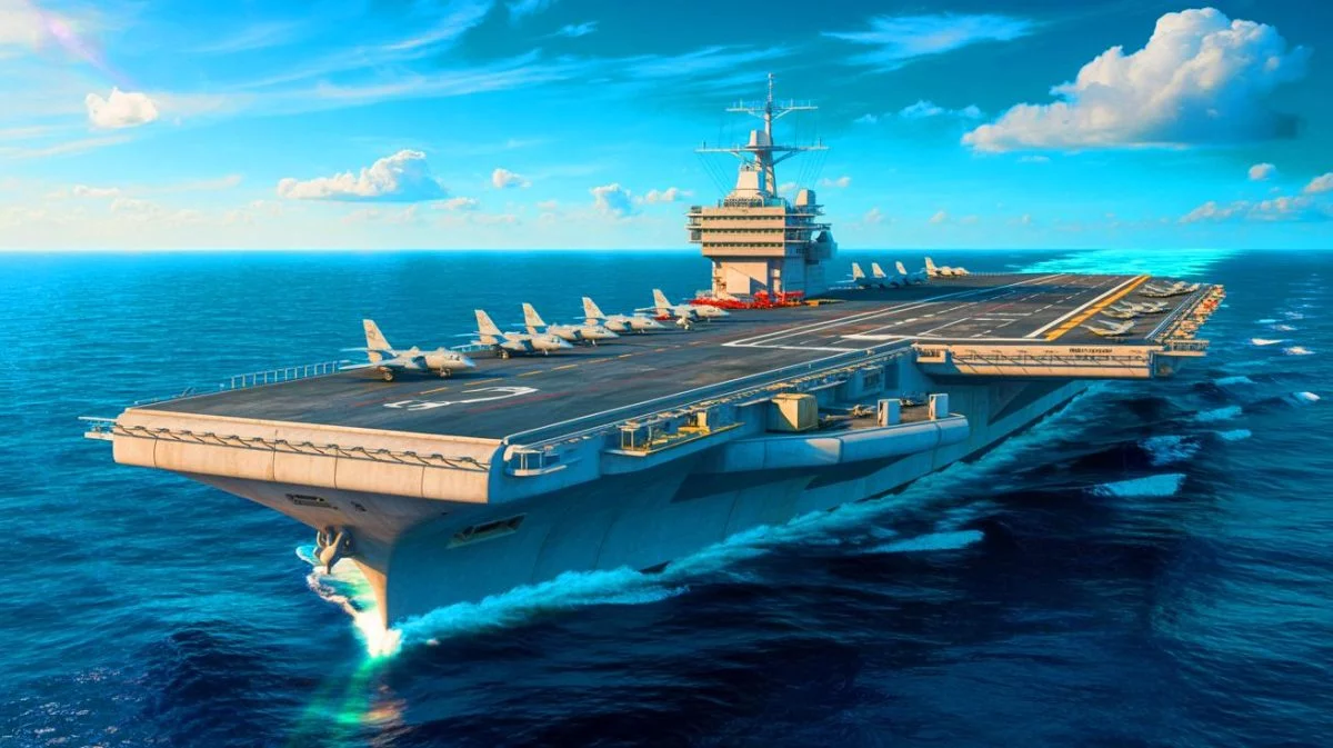 Illustration von der USS Gerald R. Ford als größtem Flugzeugträger der Welt.