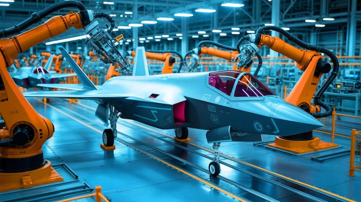 Illustration von der automatisierten Produktion eines F-35 Lightning II Kampfjet-Rumpfs bei Northrop Grumman.