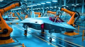 Illustration von der automatisierten Produktion eines F-35 Lightning II Kampfjet-Rumpfs bei Northrop Grumman.