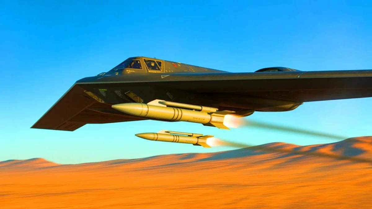 Illustration von einem B-2-Bomber, der präzisionsgesteuerte Bomben auf ein Testgelände abwirft.