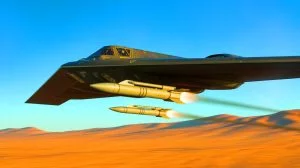 Illustration von einem B-2-Bomber, der präzisionsgesteuerte Bomben auf ein Testgelände abwirft.