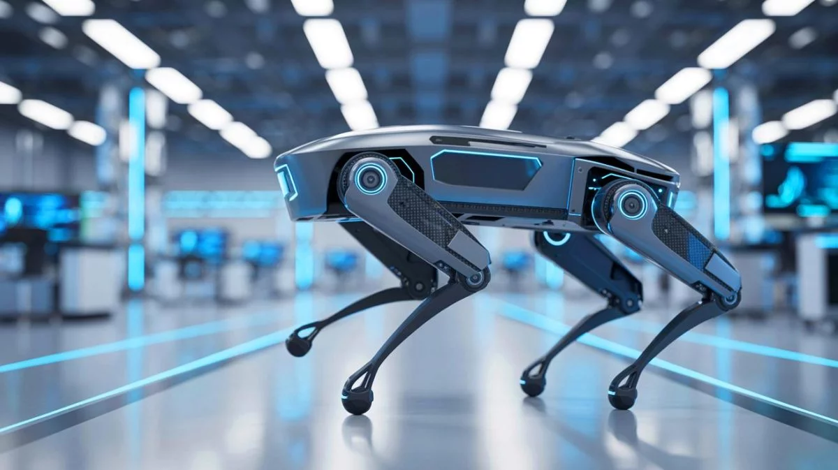 Illustration von einem fortschrittlichen vierbeinigen Roboter mit Kohlefaserbeinen, entwickelt zur Hochgeschwindigkeitsbewegung.
