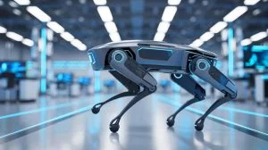 Illustration von einem fortschrittlichen vierbeinigen Roboter mit Kohlefaserbeinen, entwickelt zur Hochgeschwindigkeitsbewegung.
