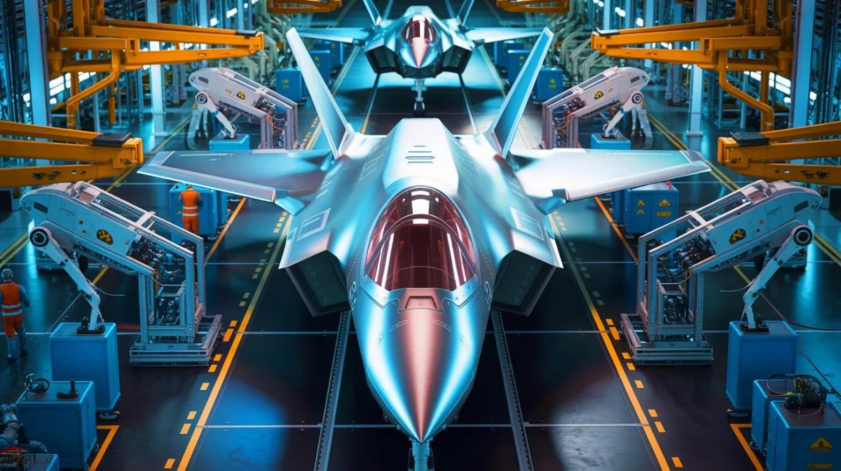 Illustration von der beschleunigten Produktion der F-35 Lightning II Kampfjets durch automatisierte Fertigungstechnologien.