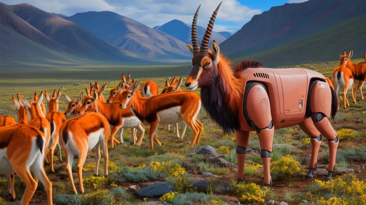 Illustration von einem bionischen Roboter in Form einer tibetischen Antilope, der in der Wildnis von Hoh Xil zur Datenerfassung eingesetzt wird.