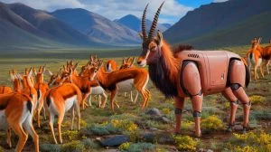 Illustration von einem bionischen Roboter in Form einer tibetischen Antilope, der in der Wildnis von Hoh Xil zur Datenerfassung eingesetzt wird.