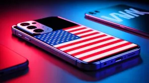 Illustration von einem patriotischen Smartphone-Modell, inspiriert von Donald Trumps T1-Ankündigung.
