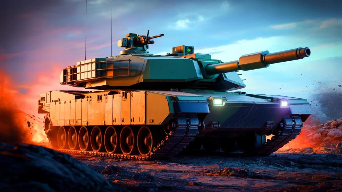 Illustration von einem modernen AbramsX-Panzer in technologischer Kriegsführung.