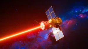 Illustration von der laserbasierten Datenübertragung mittels Satellitentechnologie.