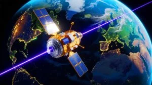 Illustration von der Nutzung eines 2-Watt-Lasers zur Datenübertragung durch die Erdatmosphäre.
