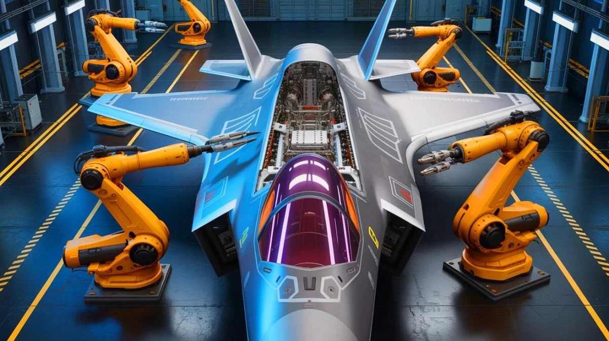 Illustration von der automatisierten Produktion der F-35 Lightning II Kampfjets.