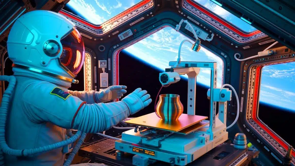 Illustration von der Herstellung eines metallischen Objekts im Weltraum durch 3D-Drucktechnologie an Bord der ISS.