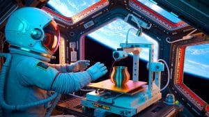 Illustration von der Herstellung eines metallischen Objekts im Weltraum durch 3D-Drucktechnologie an Bord der ISS.