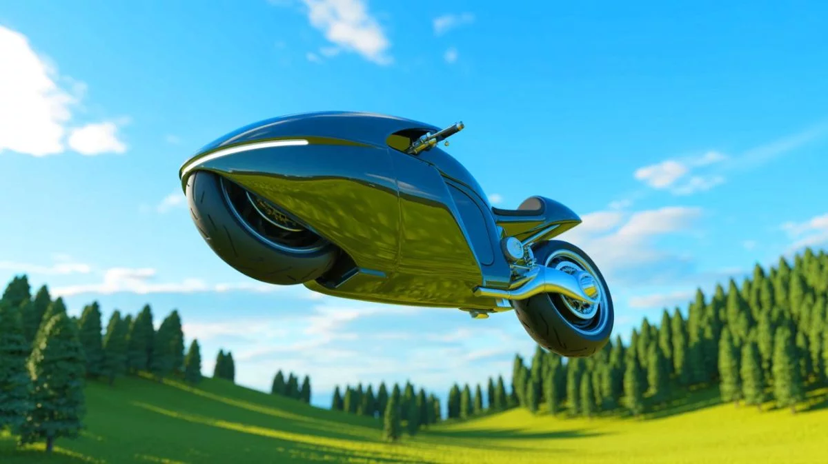 Illustration von einem innovativen, fliegenden Motorrad, das die persönliche Mobilität revolutioniert.