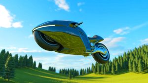 Illustration von einem innovativen, fliegenden Motorrad, das die persönliche Mobilität revolutioniert.