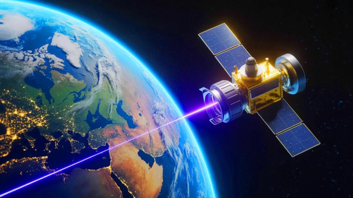 Illustration von der Nutzung eines 2-Watt-Lasers zur Datenübertragung über Satelliten.