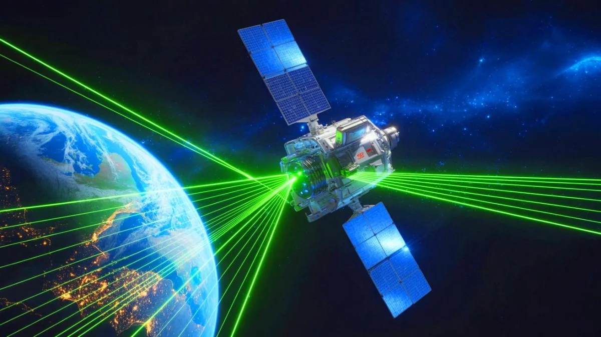 Illustration von der innovativen Nutzung von Laserkommunikation in der Raumfahrttechnologie.