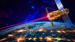 Illustration von der innovativen Laserkommunikationstechnologie für Satelliten.