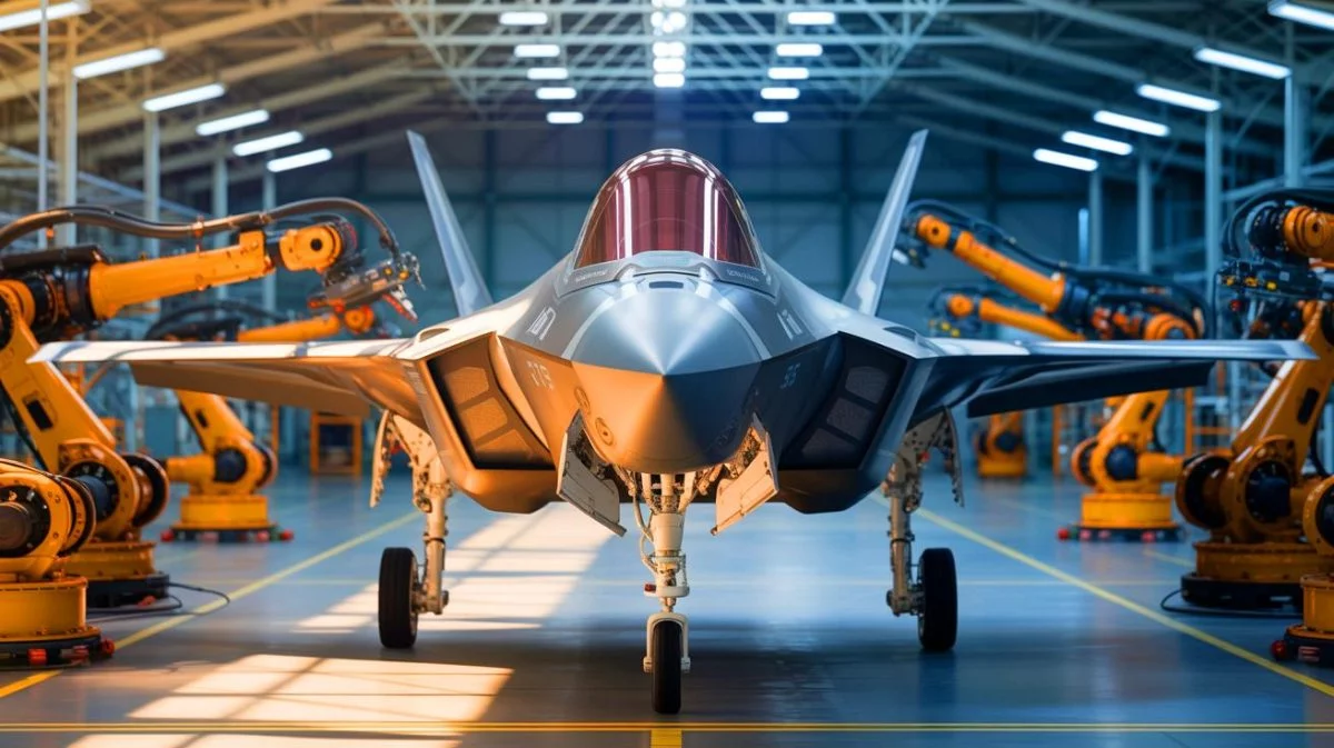 Illustration von der effizienten Produktion von F-35 Mittelflugzeugrümpfen durch Northrop Grumman.
