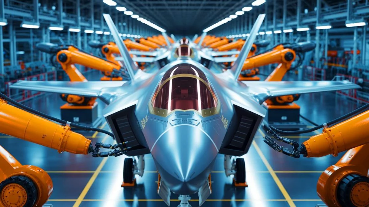 Illustration von der automatisierten Produktion zentraler Rümpfe für F-35 Kampfjets bei Northrop Grumman.