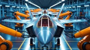 Illustration von der automatisierten Produktion zentraler Rümpfe für F-35 Kampfjets bei Northrop Grumman.