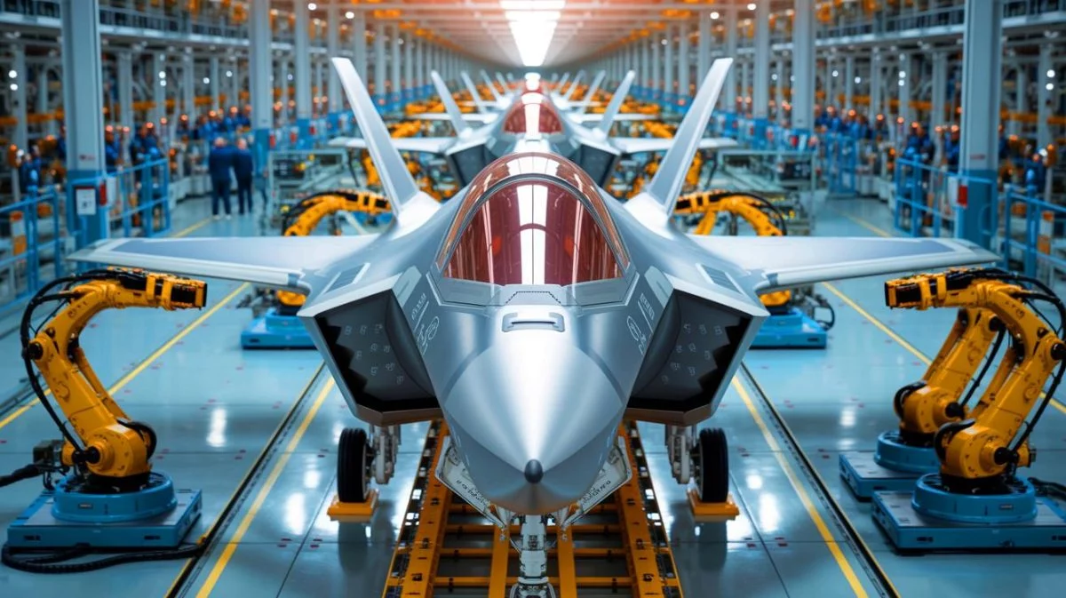 Illustration von der automatisierten Produktion des zentralen Rumpfs für F-35 Kampfjets.